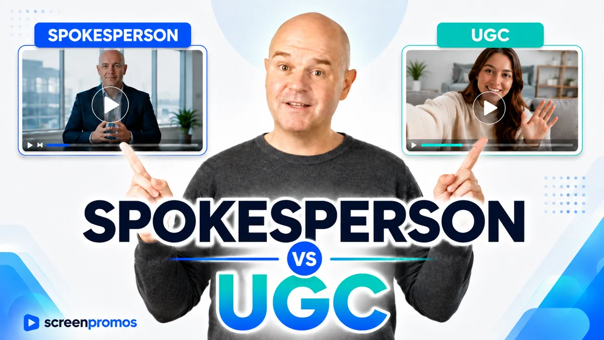 Screen Promos thumbnail comparing spokesperson videos and UGC.